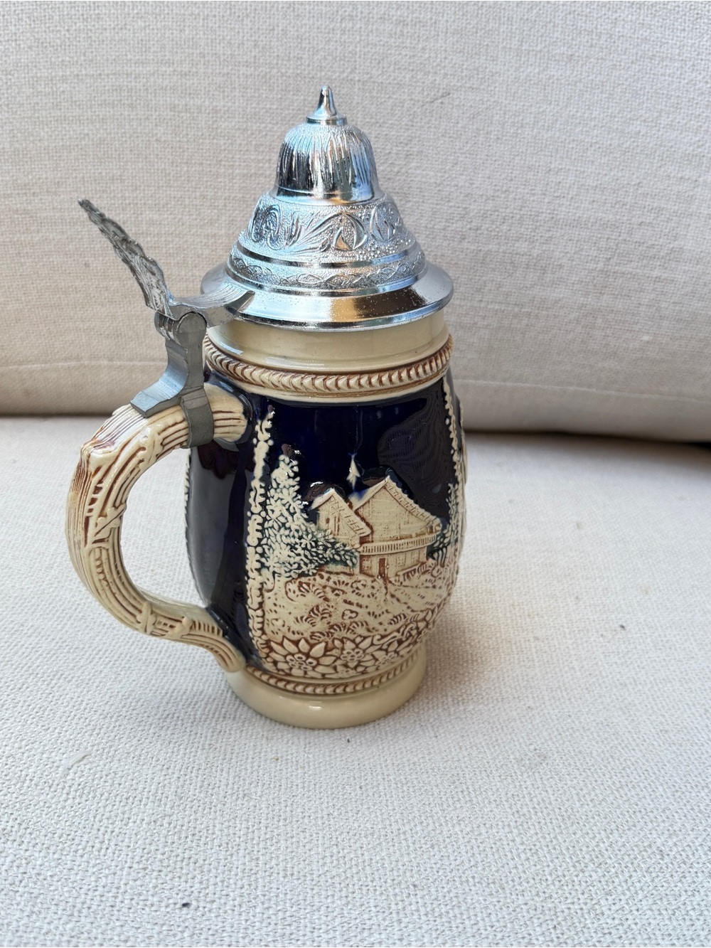 Vintage German DBGM Ceramic Beer Stein with Hinged Pewter Lid